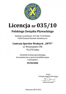 Licencja pływacka dla sekcji pływackiej CSW Opty Ustka